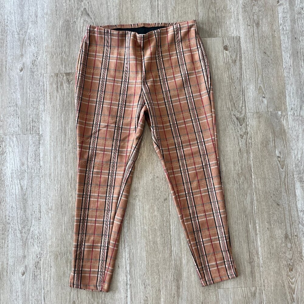 Womens Zac & Rachel Brown Plaid Cropped Pants - L